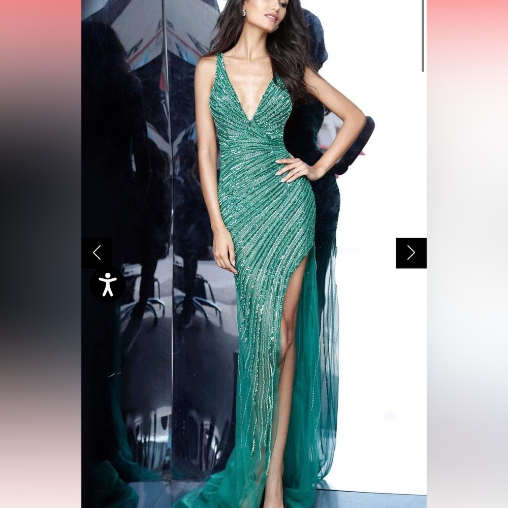 Jovani 63405 Asymmetrical Beaded Illusion High Slit Gown Size 2!! Worn 1x !PROM